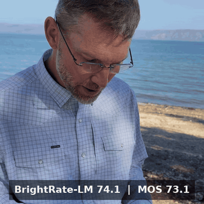 Held-out HDR clip with the BrightRate-LM prediction and its MOS overlaid