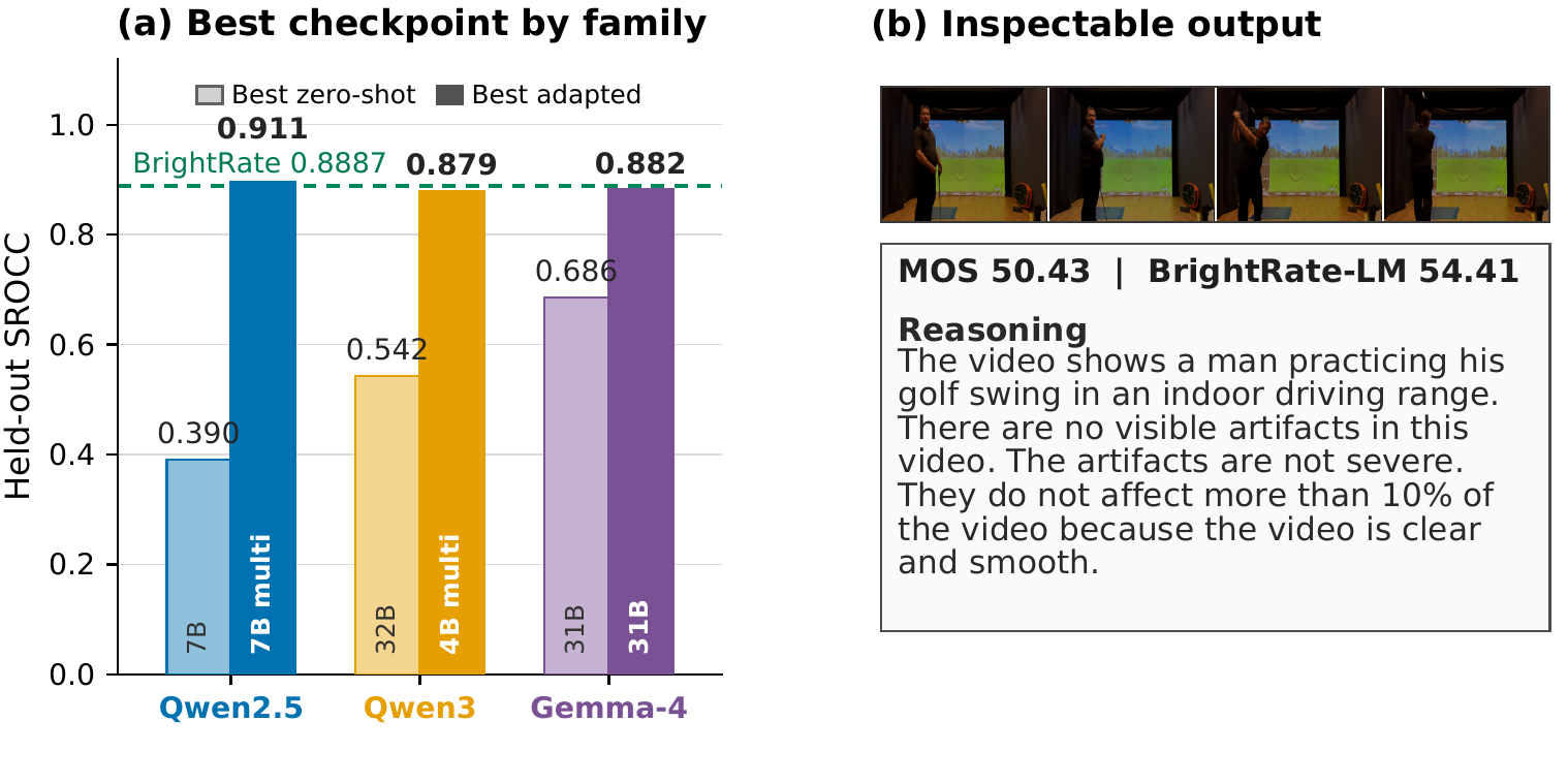 Grouped bars comparing best zero-shot and adapted checkpoints per family, with an example reasoning output