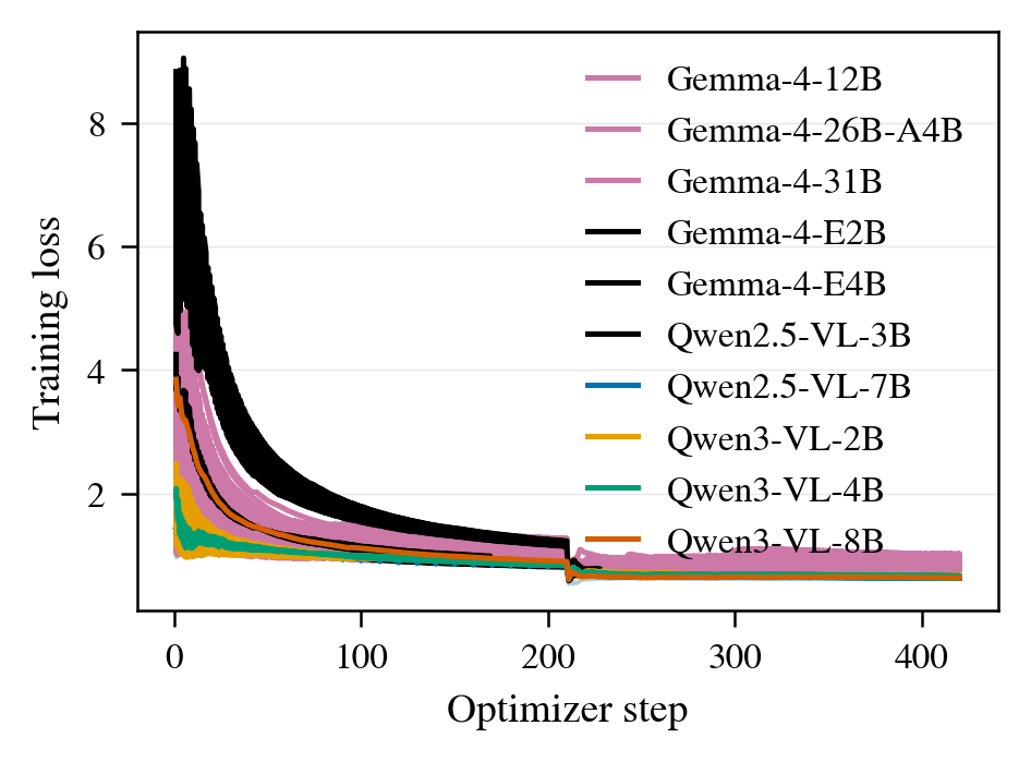 Training loss curves for the studied model families