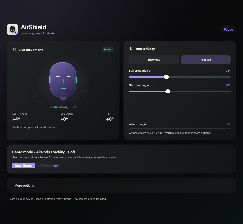 AirShield interface showing demo head motion and adjustable frost angles
