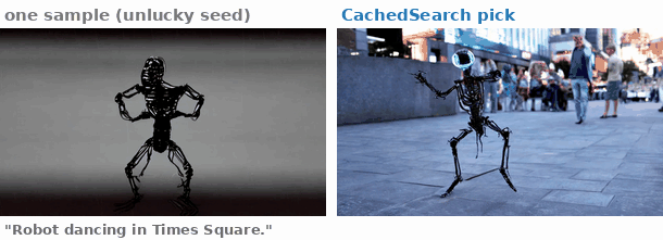 An unlucky sample beside the CachedSearch pick, same prompt