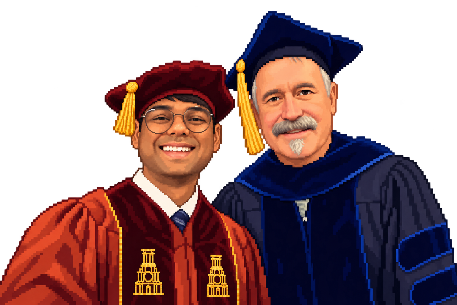 A colorful pixel portrait of Professor Bovik and me in burnt-orange and navy graduation robes, with gold tassels.